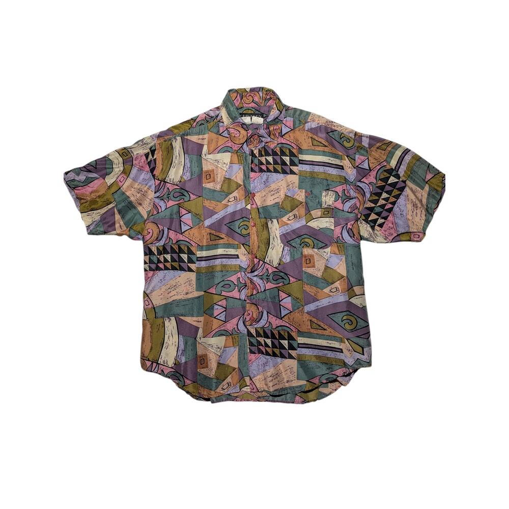 Vintage Chivalry 100%‎ Silk Shirt – Pastel Geometric Abstract Pattern L